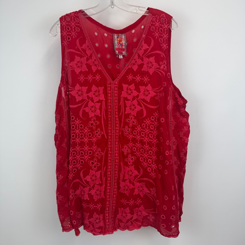 Johnny Was Red Embroidered Eyelet Sleeveless V-Neck Top C18919-4 Floral XXL